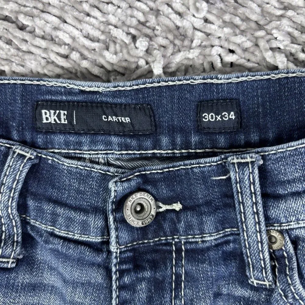 BKE Carter Jeans Mens 30x34 Denim Blue Buckle Designer Stretch STYLE ABP20230